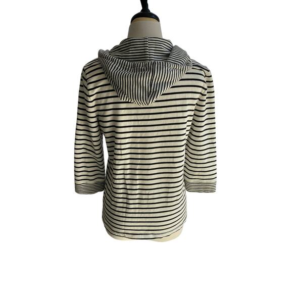 T by Talbots Black/White Stripe 3/4 Sleeve Zip Up Jacket Top w/Hood Size MP - Picture 4 of 7